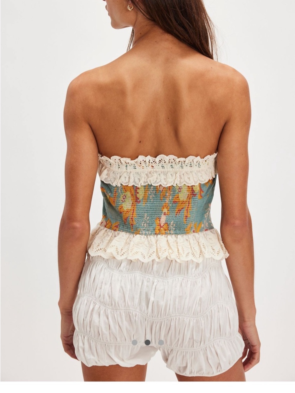NWT Free People Bustier Strapless Floral Corset Top with Lace Trim Teal & Cream - Picture 2 of 6
